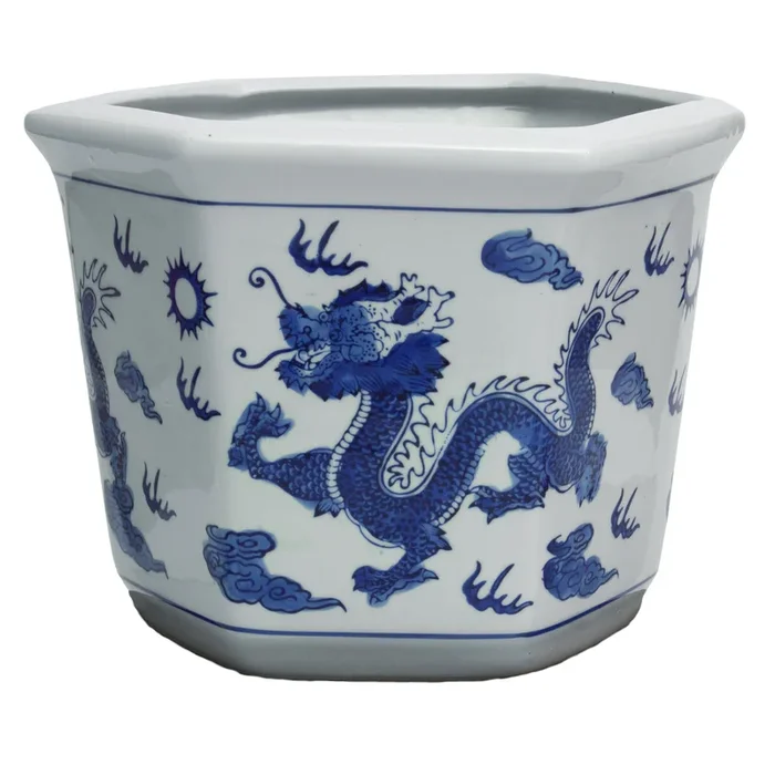 10″ Dragon Blue & White Porcelain Flower Pot