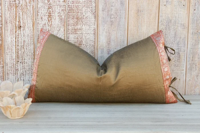 Brass Large Festive Indian Silk Queen Lumbar Pillow Cover