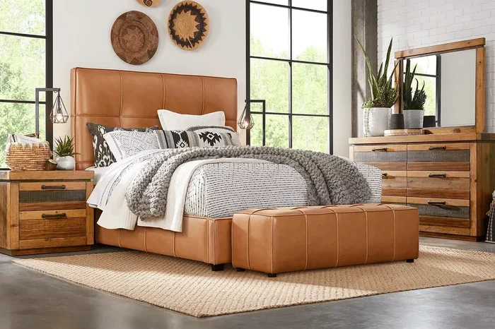 Cindy Crawford Westover Hills 5 Pc Brown Dark Wood Camel Leather Queen Bedroom Set With Dresser, Mirror, 3 Pc Queen Bed