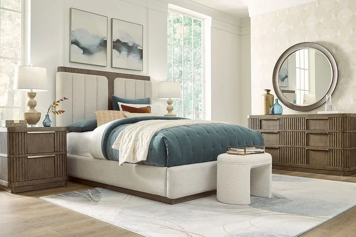Drew & Jonathan Sausalito 7 Pc Brown Dark Wood Cream Beige King Bedroom Set With Dresser, Mirror, 3 Pc King Upholstered Bed, Nightstand