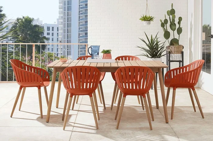 Nassau 7 Pc Light Wood Fruitwood Orange Orange,Red Eucalyptus,Wood Outdoor Dining Set With Dining Table, Side Chair