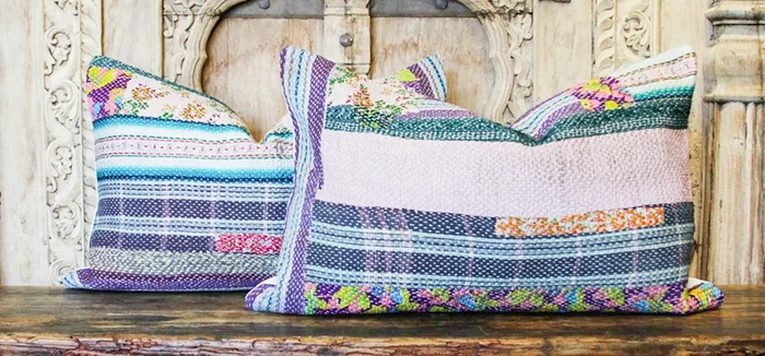 Parmita Bengal Kantha Lumbar Pillow, Pair (Trade)