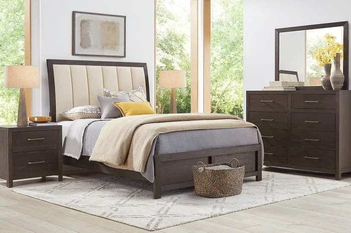 Woodley 7 Pc Dark Brown Wood King Bedroom Set With Dresser, Mirror, Nightstand With Usb, 3 Pc King Upholstered Sleigh Bed