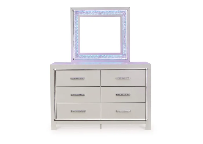 Zyniden King Upholstered Panel Headboard with Mirrored Dresser