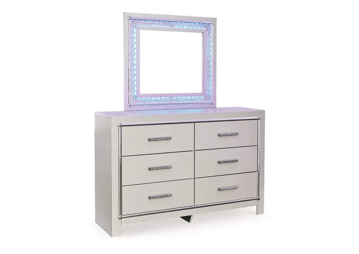 Zyniden Queen Upholstered Panel Headboard with Mirrored Dresser and Nightstand